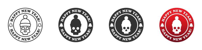 Skull in winter hat on a round badge with lettering Happy new Year Christmas skull icon. Vector illustration.