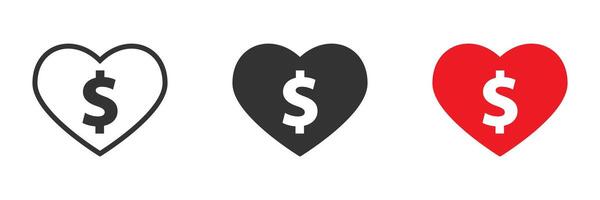 Dollar sign in the heart icon. Money love concept. Vector illustration.
