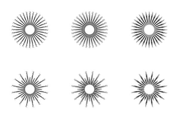 Hand drawn sunburst element set. Starburst radial stripes. Vector illustration.