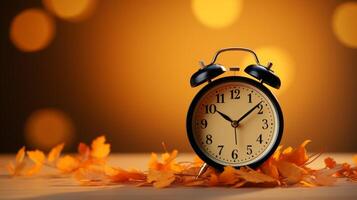 AI generated Daylight saving time. alarm clock, orange leaves on wooden table. Fall change concept. Autumn leaves fall winter approaches. photo