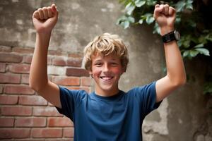 AI generated Euphoric teenager raises his hands in victory, celebrating with ample space for text photo