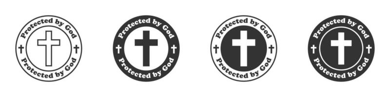 Round badge with a Christian cross and the inscription Protected by God. Vector illustration.