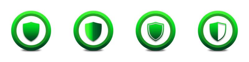 Set of green shield icons with shadows. Green gradient shield. Flat vector illustration.
