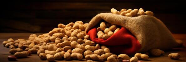 AI generated Heap of organic peanuts on blurred background with copy space, healthy snack concept. Banner photo