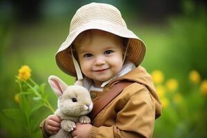 ai generado contento niño participación un linda pequeño conejito al aire libre, Copiar espacio para tu texto o diseño. Pascua de Resurrección foto