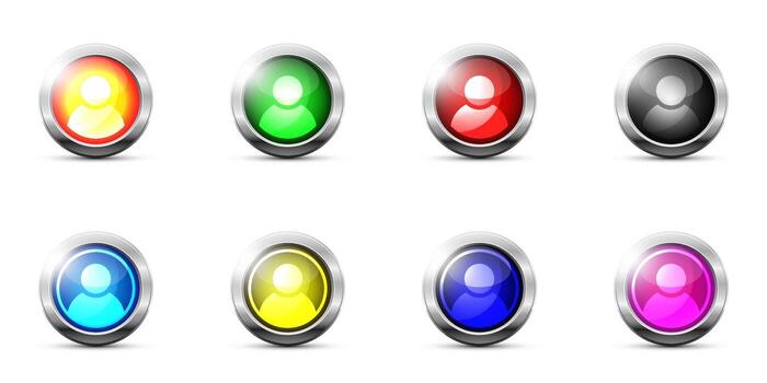 Person icon set. Color glossy buttons with user profile sign. Flat vector illustration.