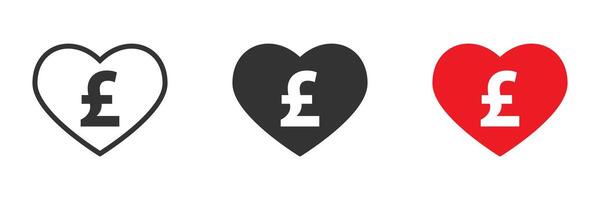 Heart icon with british currency sign inside. Vector illustration.