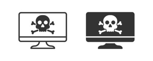 PC monitor icon with skull. Computer virus attack icon. Vector illustration.