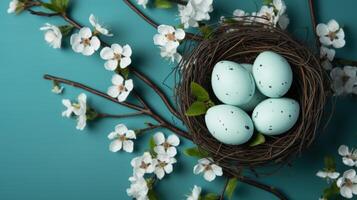 AI generated Easter holiday background with colorful eggs and spring flowers for festive designs photo