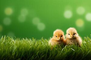 AI generated Adorable easter chicks on green grass illustration with space for custom text overlay. photo