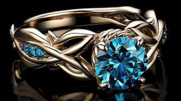 AI generated Beautiful gold ring with large blue stone, exquisite close-up jewelry for elegant and stylish look photo