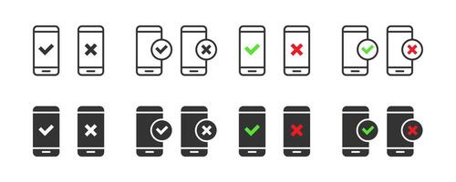 Smartphone icon set with check mark and cross symbols. Vector illustration.