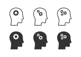 Gear in head icon set. Human head with cogwheels inside. Man head mind thinking. Vector illustration.