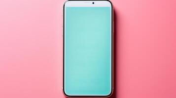 AI generated Smartphone mockup with blank screen on pink background for app or graphic display photo