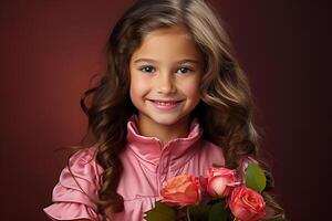 ai generado sonriente niña participación hermosa rosado rosas con espacio para texto en su manos foto