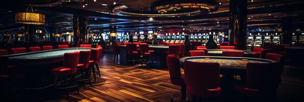 AI generated Luxurious restaurant casino vip night poker slots cards roulette players gamers banner photo