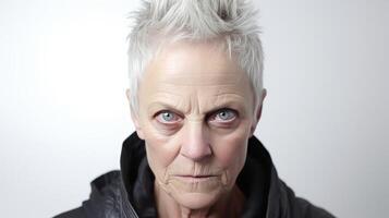 AI generated Angry senior woman glaring at camera on blurred white background with copy space for text photo