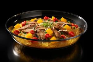 AI generated Delicious japchae stir-fried glass noodles - south korean dish with savory flavors photo