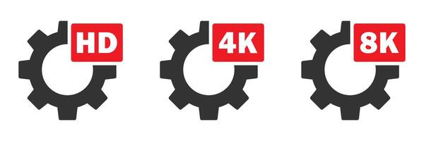 hd 4k 8k ajustes icono colocar. engranaje firmar con texto. vector ilustración.