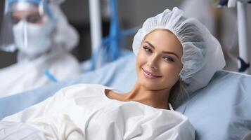 AI generated Attractive woman on operating table getting prepared for surgery in hospital setting photo