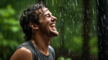AI generated Young athletic man in a wet t-shirt under the rain with copy space for text and dramatic lighting photo