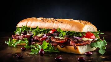 AI generated Savory italian style submarine sandwich on blurred white kitchen background with copy space photo