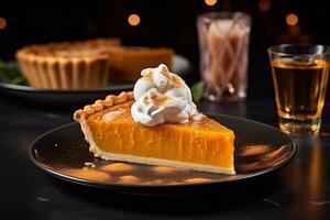 AI generated Delicious fragrant pumpkin pie for restaurant menu with customizable space for text and captions photo