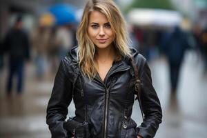 AI generated Stylish young woman in trendy attire walking confidently along the vibrant urban city street photo