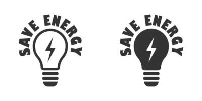 Save energy icon. Bulb with lightning symbol inside and lettering. Vector illustration.