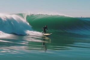 ai generado activo hombre montando un grande ola en un tabla de surf con copyspace para texto, surf estilo de vida concepto foto