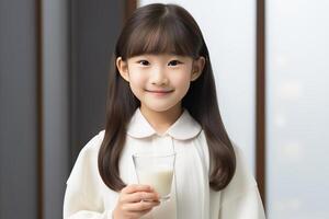 AI generated Joyful asian child girl savoring a refreshing glass of nourishing milk, ideal for copy space photo