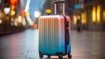 AI generated Travel suitcase on blurred street background, copy space for text, vacation and adventure theme photo