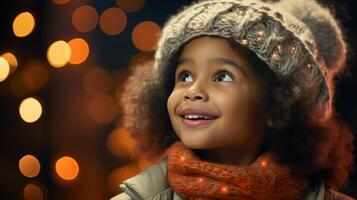 AI generated Child girl in winter event, looking up in wonder at christmas tree, festive lights background photo