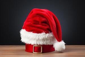 AI generated Santa claus hat and belt on table, copy space for text, christmas costume display photo