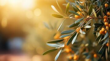 AI generated Close-up of young olive tree with vibrant green leaves on blurred background, copy space available photo