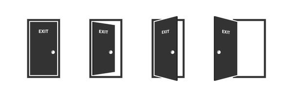 Open and closed office doors with exit label. Door icons set. Open, close and ajar door. Doors collection. Opened entrance door set. Vector illustration.