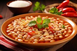 AI generated Savory and mouthwatering mexican pozole. traditional and flavorful simmered corn hominy soup photo