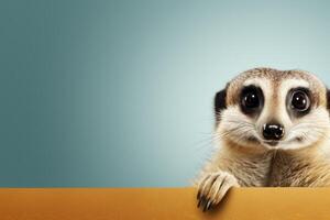 AI generated Playful meerkat with a curious gaze, perfect for adding text, against a captivating blue background photo