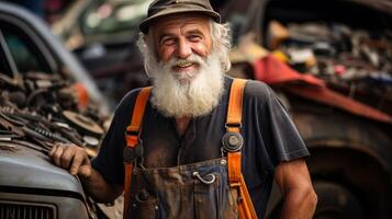 AI generated Senior junkyard worker at work in scrapyard with space for text, industrial recycling concept photo