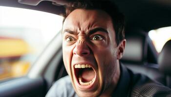 AI generated Agitated man shouting in frustration while driving his car in heavy traffic on white background photo