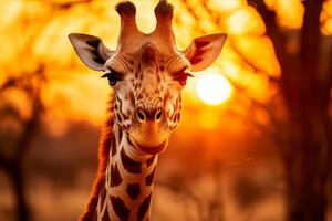 AI generated Graceful giraffe in vibrant african savanna at sunset surrounded by diverse wildlife photo