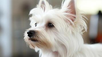 AI generated Close-up portrait of fluffy west highland white terrier dog with empty space for adding text photo