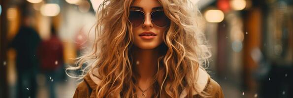 AI generated Blond curly haired girl in sunglasses looking at camera with space for text banner photo