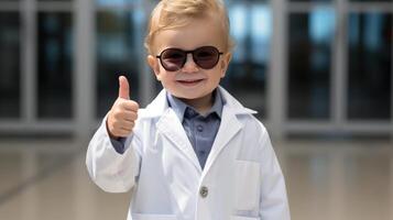 AI generated Young boy in scientist robe smiling, thumbs up, ideal for education concept, copy space available photo