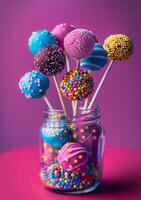 AI generated Colorful cake pops in jar on pink background photo