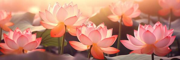 AI generated Lotus flowers banner with copy space on blurred background, floral design for sale promotions photo