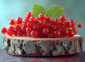 AI generated Red currants on wooden stump. A some red currant jelly on top of a slice of wood photo