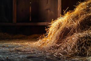 AI generated Hay in the barn rural scene. A pile of hay in the barn photo