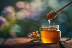 AI generated Honey dripping from wooden honey dipper in jar on blurred background of flowers photo