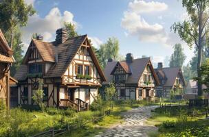 AI generated Row of half timbered houses. Half timbered modern houses wood photo